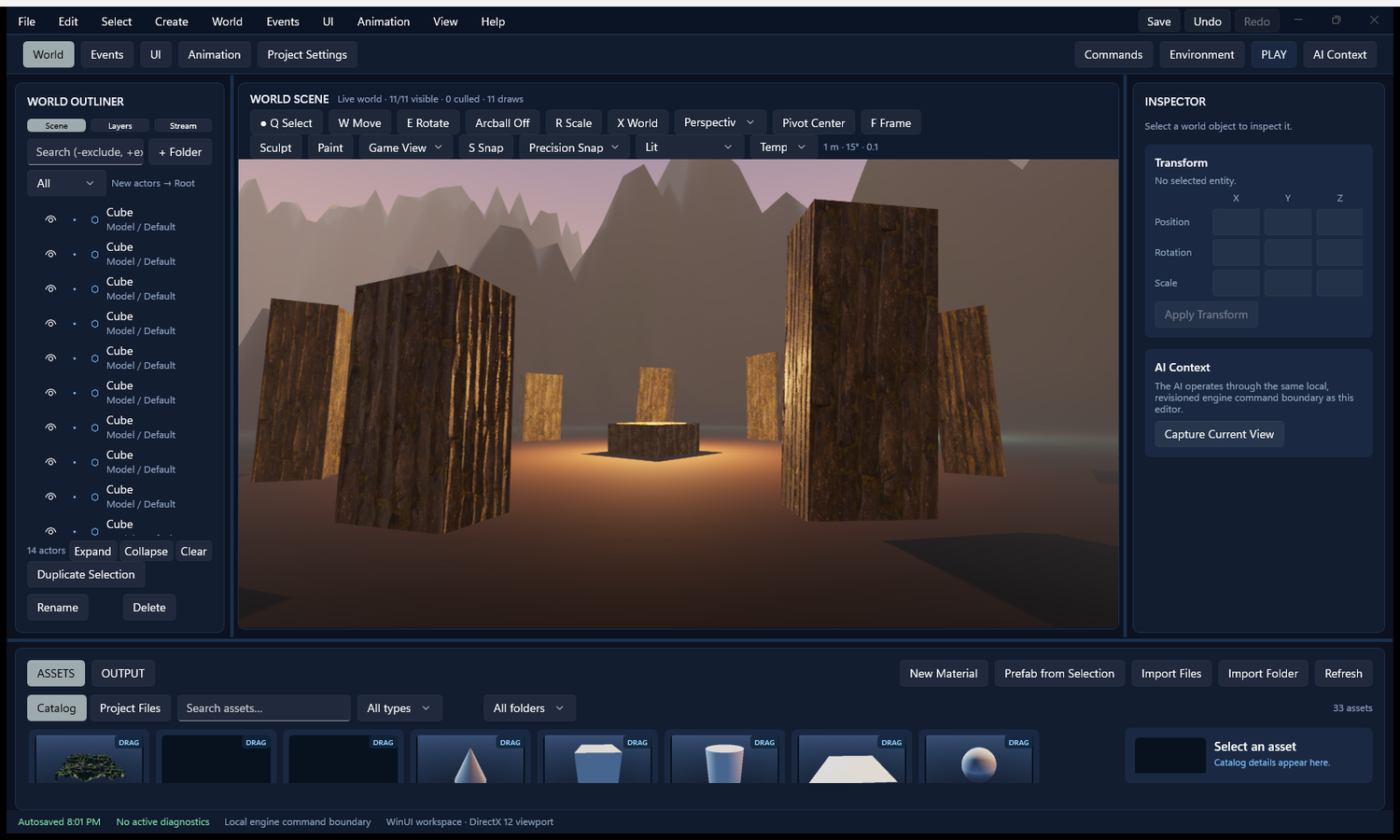 Sektor Studio editing a firelit standing-stone world in the DirectX 12 viewport