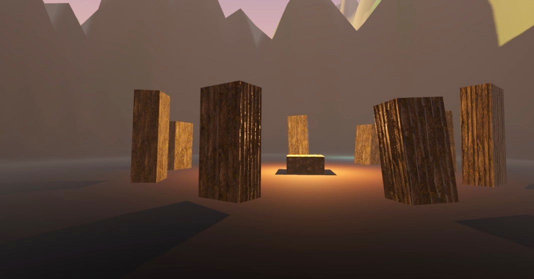 Firelit monolith circle on sculpted terrain